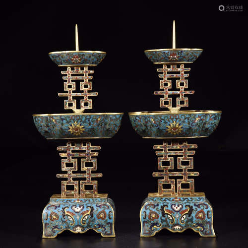 PAIR OF CHINESE CLOISONNE FLOWER CANDLE HOLDERS