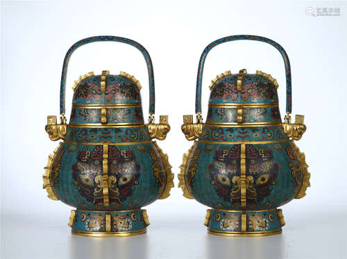 PAIR OF CHINESE CLOISONNE BEAST LONG HANDLED LIDDED ZUN VASE