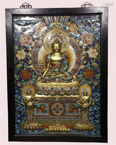 CHINESE CLOISONNE PLAQUE OF SEATED BUDDHA WALL HANDED SCREEN