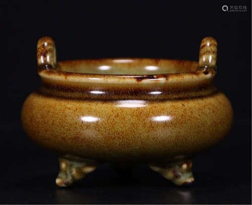 CHINESE PORCELAIN BROWN GLAZE TRIPLE FEET ROUND CENSER