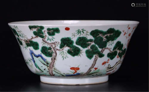 CHINESE PORCELAIN WUCAI PINE TREE BOWL