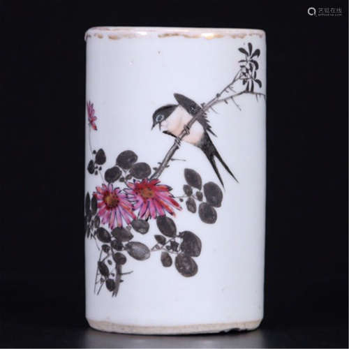 CHINESE PORCELAIN INK PAINTED BIRD AND FLOWER BRUSH POT