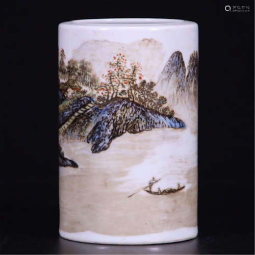 CHINESE PORCELAIN COLOR PAINTED MOUNTAIN VIEWS BRUSH POT