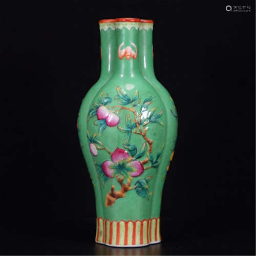 CHINESE PORCELAIN FAMILLE ROSE PEACH TRIPLE VASE