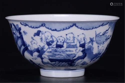 CHINESE PORCELAIN BLUE AND WHITE BOY PLAYING BOWL