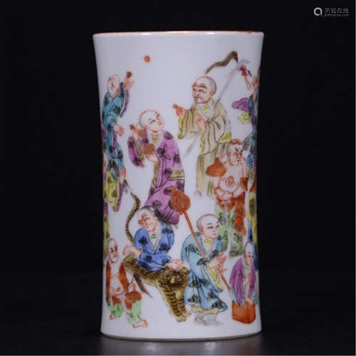 CHINESE PORCELAIN FAMILLE ROSE LOHAN BRUSH POT