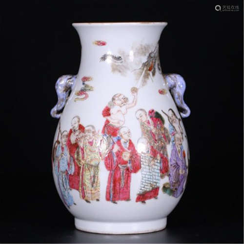 CHINESE PORCELAIN FAMILLE ROSE LOHAN ZUN VASE