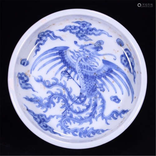 CHINESE PORCELAIN BLUE AND WHITE PHOENIX PLATE