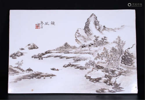 CHINESE PORCELAIN INK PAINTED MOUNTAIN VIEWS PLAQUE