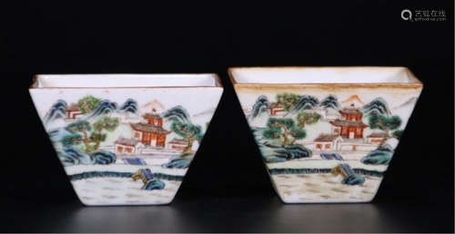 PAIR OF CHINESE PORCELAIN FAMILLE ROSE MOUNTAIN VIEWS SQUARE CUPS