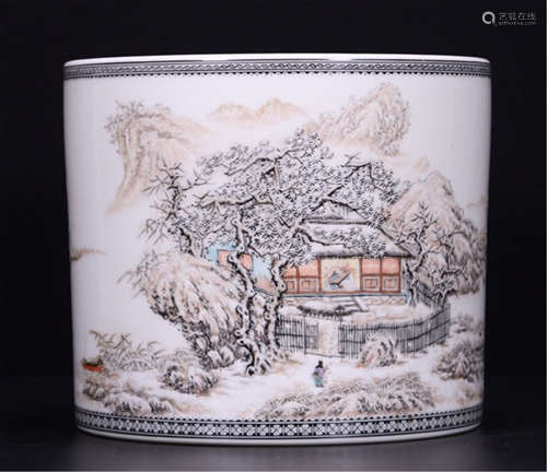 CHINESE PORCELAIN FAMILLE ROSE SNOW SIGHTS BRUSH POT