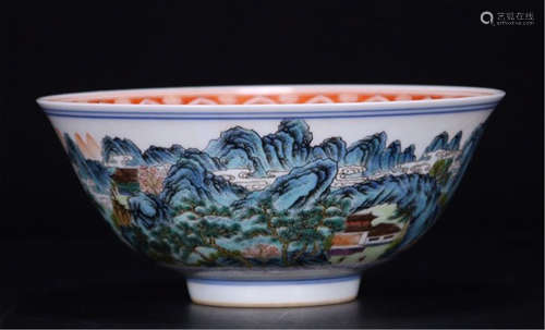 CHINESE PORCELAIN FAMILLE ROSE MOUNTAIN VIEWS BOWL