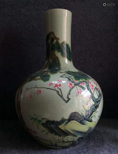 CHINESE PORCELAIN GREEN GROUND FAMILLE ROSE FLOWER AND ROCK TIANQIU VASE