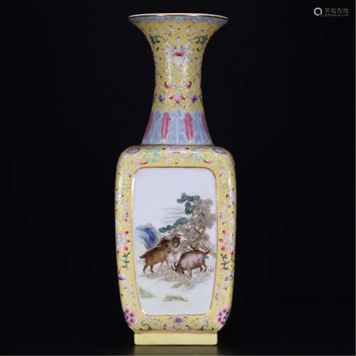 CHINESE PORCELAIN FAMILLE ROSE THREE RAMS SQUARE VASE