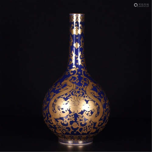 CHINESE PORCELAIN BLUE GLAZE GOLD PAINETD VASE