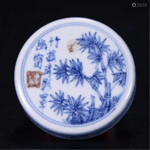 CHINESE PORCELAIN BLUE AND WHITE RED UNDER GLAZE BAMBOO LIDDED BOX