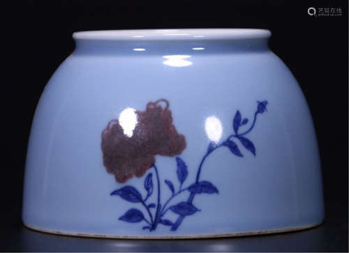 CHINESE PORCELAIN BLUE GLAZE RED UNDER GLAZE FLOWER WATER POT