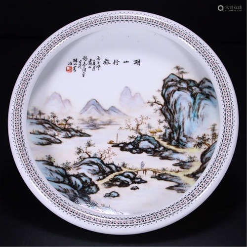 CHINESE PORCELAIN FAMILLE ROSE MOUNTAIN VIEWS PLATE