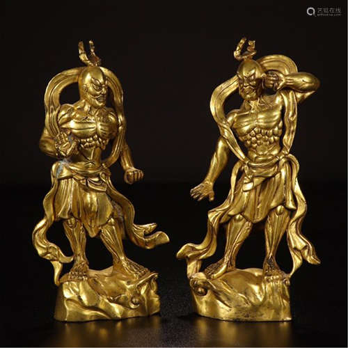 TWO CHINESE GILT BRONZE STANDING WARRIORS