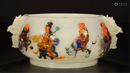 CHINESE GEM STONE INLAID YELLOW JADE CENSER