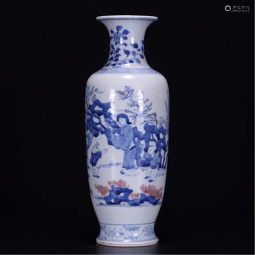 CHINESE PORCELAIN BLUE AND WHITE RED UNDER GLAZE FIGURES VASE