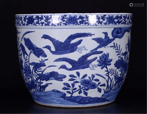 CHINESE PORCELAIN BLUE AND WHITE BIRD AND FLOWER FISH BOWL