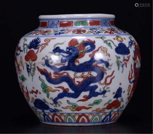 CHINESE PORCELAIN BLUE AND WHITE WUCAI DRAGON WATER JAR