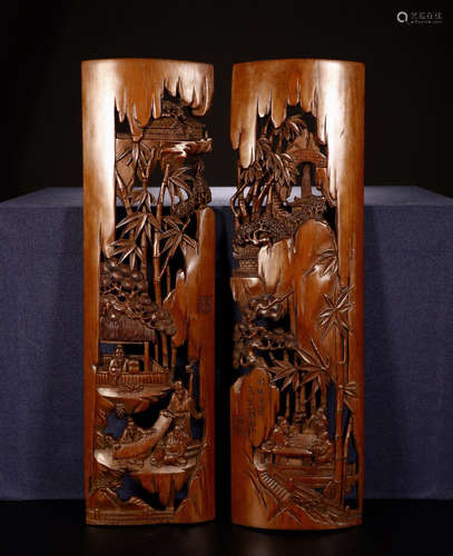 PAIR OF CHINESE BAMBOO MOUNTAIN VIEWS SCHOLAR'S ARM REST