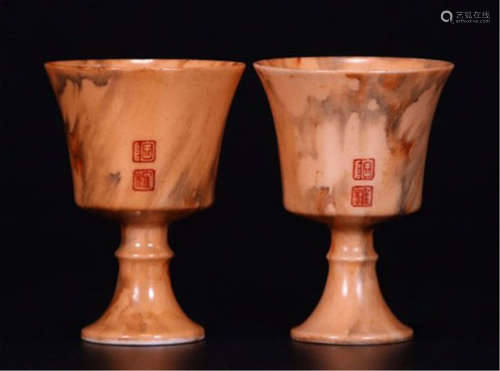 PAIR OF CHINESE WOOD-IMIRATED GLAZE STEM CUPS