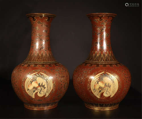 PAIR OF CHINESE PORCELAIN RED GLAZE FAMILLE ROSE CIRCLE PHOENIX VASES