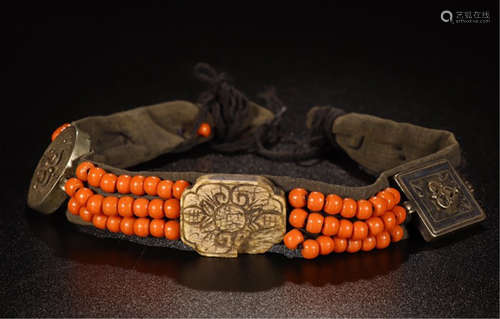 CHINESE CORAL BEAD SILVER BELT