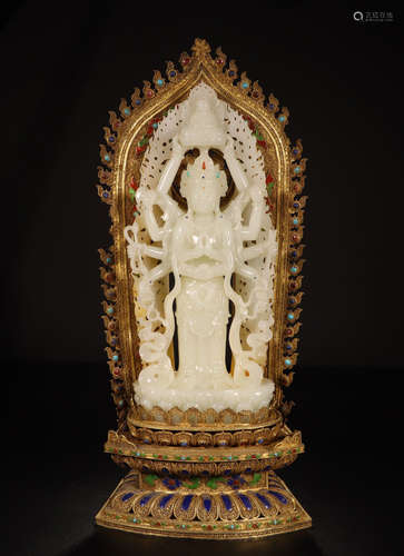 CHINESE YELLOW STANDING BUDDHA ON GILT SILVER NICHE