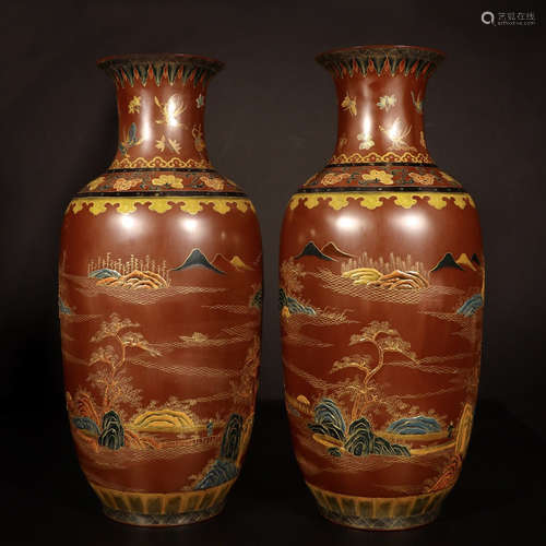 PAIR OF CHINESE RED LACQUER BRONZE VASES