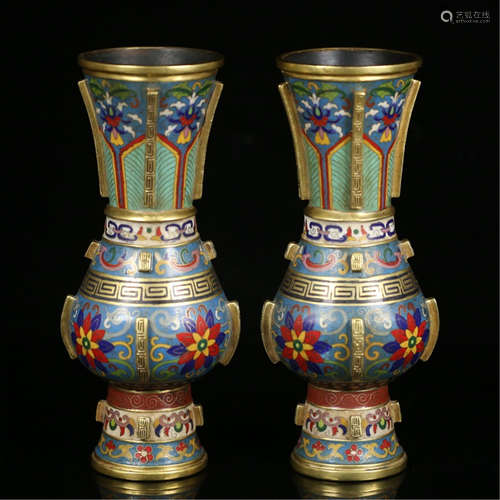 PAIR OF CHINESE CLOISONNE FLOWER GU VASES