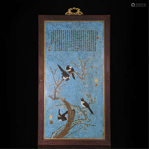 CHINESE CLOISONNE PLAQUE OF BIRD ON TREE WITH CALLIGRAPHY WALL HANGED SCREEN