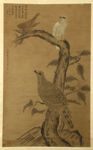 CHINESE SCROLL PAINTING OF EAGLE ON TREE