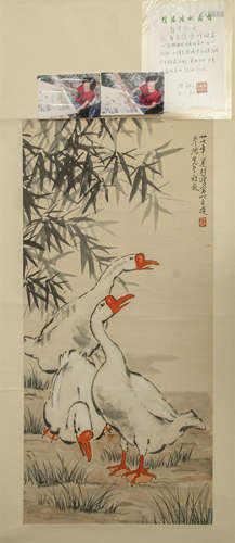 CHINESE SCROLL PAINTING OF GOOSE AND BAMBOO WITH SPECIALIST'S PROOF