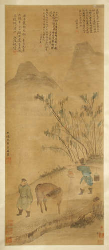 CHINESE SCROLL PAINTING OF MAN IN MOUNTAIN WITH CALLIGRAPHY