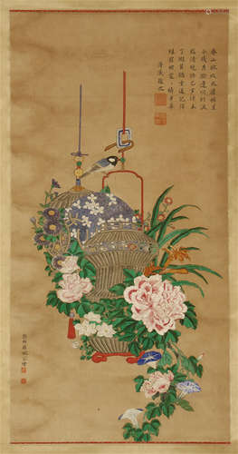 CHINESE SCROLL PAINTING OF FLOWER IN BASKET