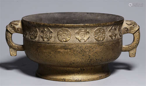 CHINESE GILT BRONZE BEAST HANDLE ROUND CENSER