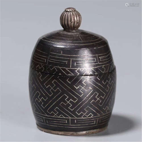 CHINESE SILVER THREAD INLAID BRONZE LIDDED JAR