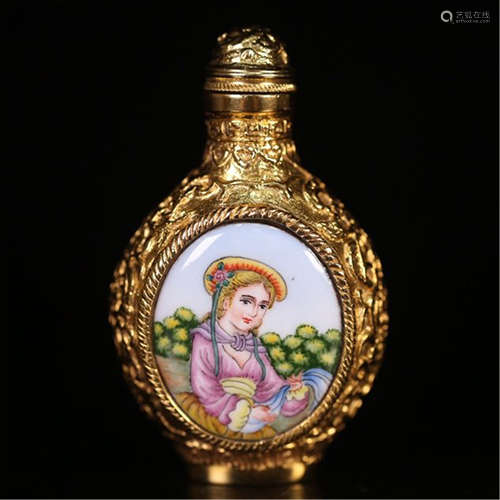 CHINESE GILT BRONZE ENAMEL WESTERN BEAUTY SNUFF BOTTLE