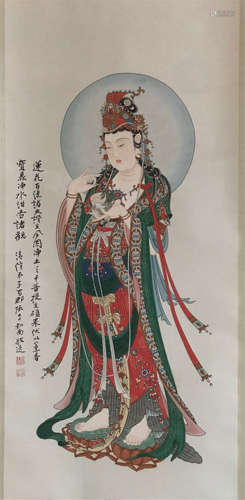 CHINESE SCROLL PAINTING OF STANDING GUANYIN