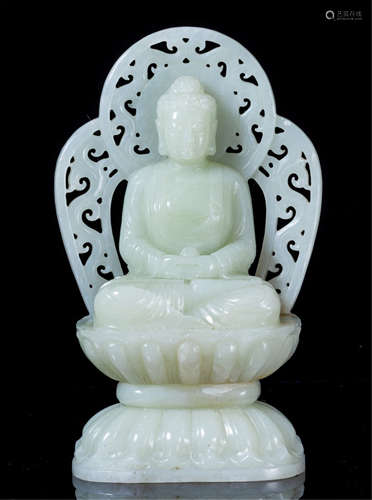 CHINESE CELADON JADE SEATED BUDDHA ON NICHE