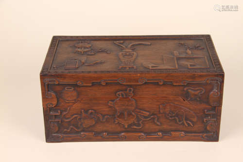 A Chinese Carved Huanghuali Scholar Box with Cover