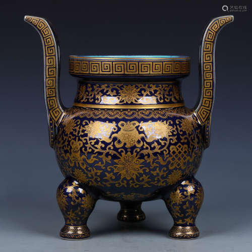 A Chinese Blue and Golden Glazed Porcelain Incense Burner