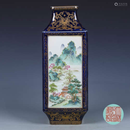 A Chinese Blue Ground Famille-Rose Porcelain Square Vase