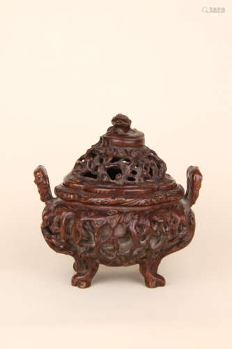 A Chinese Carved Agar-Wood Root Incense Burner
