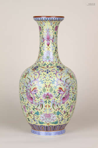 A Chinese Yellow Ground Famille-Rose Porcelain Vase