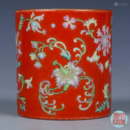 A Chinese Red Ground Famille-Rose Porcelain Brush Pot